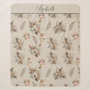 Monogramm Boho Beige Grün Rosa Blumen Botanisch Sherpadecke