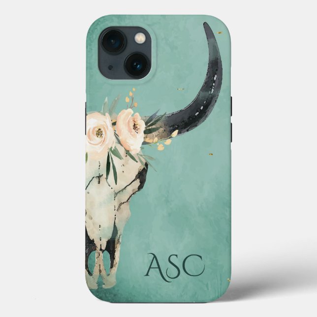 Monogramm Boho Bläserschädel auf türkisfarbenem Hi Case-Mate iPhone Hülle (Rückseite)