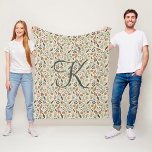 Monogramm Boho Blätter Botanisch Braun Grün Beige Fleecedecke