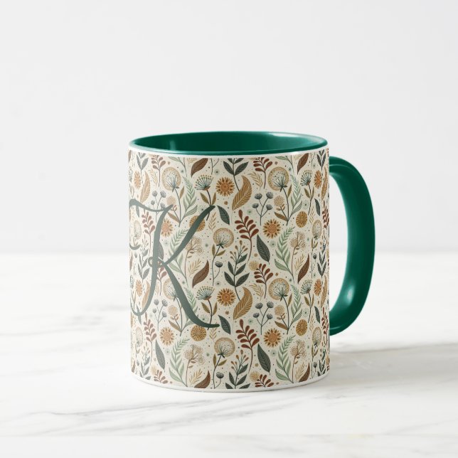 Monogramm Boho Blätter Botanisch Braun Grün Beige Tasse (VorderseiteRechts)