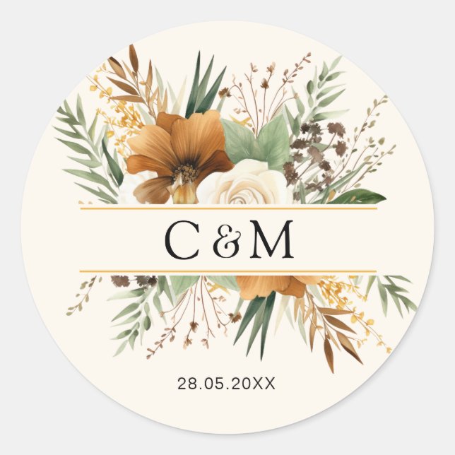Monogramm, Boho, elegante Blume Runder Aufkleber (Vorderseite)
