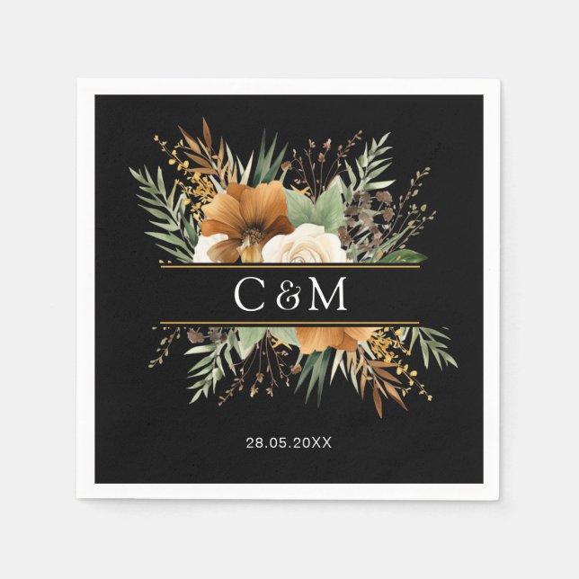 Monogramm, Boho, elegante Blume Serviette (Vorderseite)