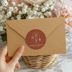 Monogramm Boho Terrakotta verbranntes Orange Hochz Runder Aufkleber