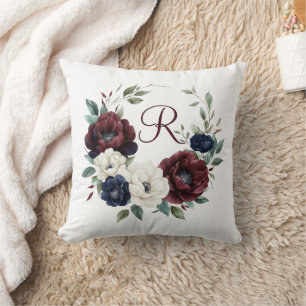 Monogramm Bordeaux Marineblau Weiß Blumenmuster Kissen