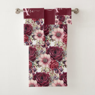 Monogramm-Bordeauxrot- und Rosa-Blumen-Elegantes H Badhandtuch Set