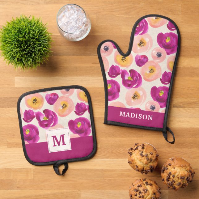 Monogramm | Botanisches Wasserfarbmuster Ofenhandschuh & Topflappen-Set (Oben Unten)