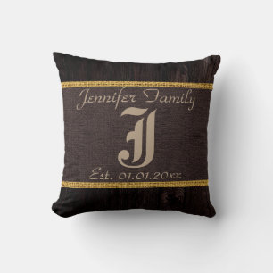 Monogramm Braun Rustikaler Jute Leinen Holz Optik Kissen