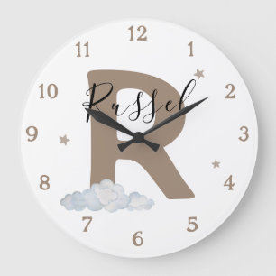 Monogramm Braune Baby-Initiale Name Kinderzimmer W Große Wanduhr