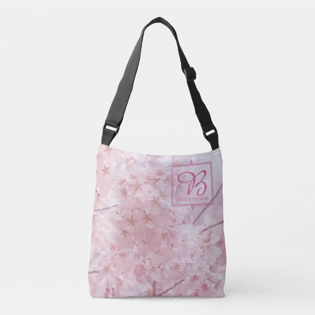 Monogramm-Brautjungfer blaß - rosa Kirschblüten Tragetaschen Mit Langen Trägern (Vorderseite)