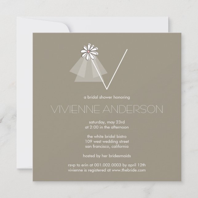 Monogramm-Brautparty der Bride Veil Daisy Blume Einladung (Vorderseite)