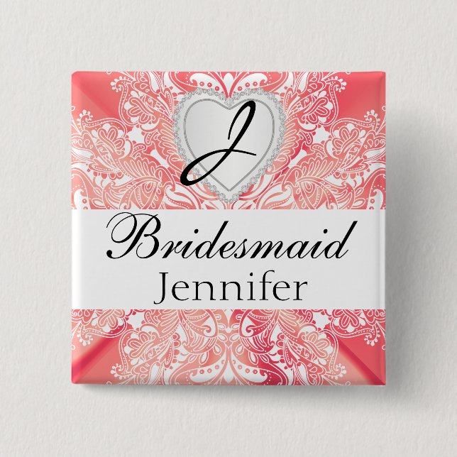 Monogramm-Brautparty-korallenroter Satin-Entwurf Button (Vorderseite)