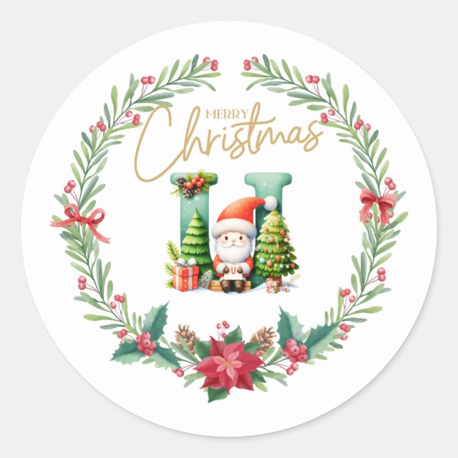 Monogramm Brief U, Weihnachtsfeier mit Weihnachtsm Runder Aufkleber (Vorderseite)