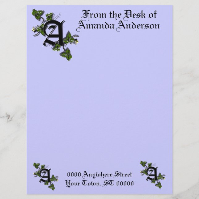 Monogramm-Briefkopf mit Buchstabe A, personalisier Briefbogen (Vorderseite)