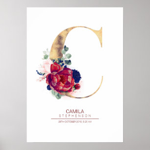 Monogramm Buchstabe C Floral Navyblau und Burgunde Poster
