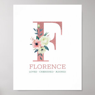 Monogramm Buchstabe F Rosa Wasserfarbe Florales Ki Poster