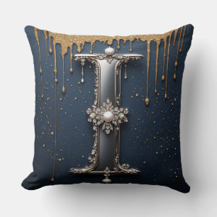 Monogramm Buchstabe I Navy Gold tropfende Farbe Kissen