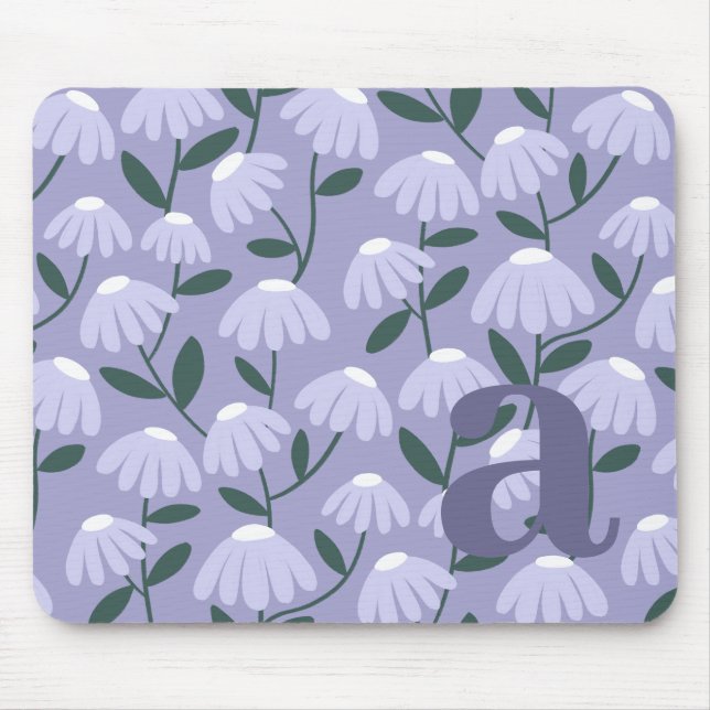 Monogramm-Buchstabe Initiale Blau Lila Blumenmuste Mousepad (Vorne)