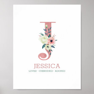 Monogramm Buchstabe J Rosa Wasserfarbe Florales Ki Poster