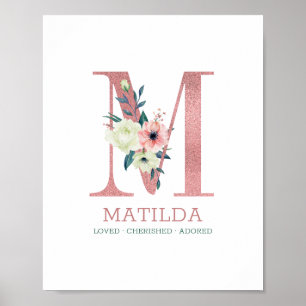 Monogramm Buchstabe M Rosa Wasserfarbe Florales Ki Poster