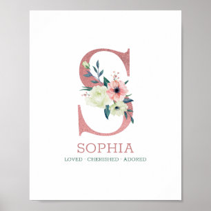 Monogramm Buchstabe S Rosa Wasserfarbe Florales Ki Poster