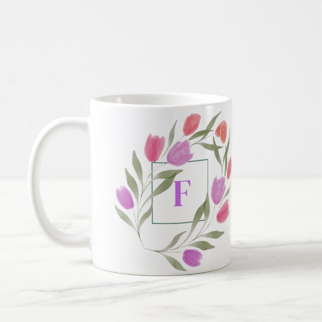 Monogramm Buchstaben F Lila und weiß mit Blume Kaffeetasse (Links)
