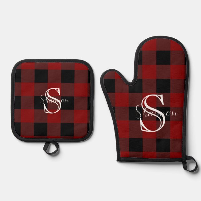 Monogramm Büffel kariert Ofenhandschuh & Topflappen-Set (Vorderseite)