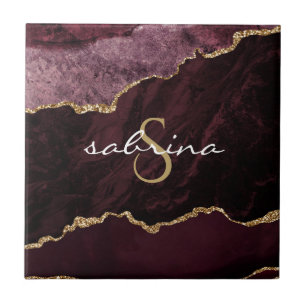 Monogramm Burgund Gold Achat Geode Fliese
