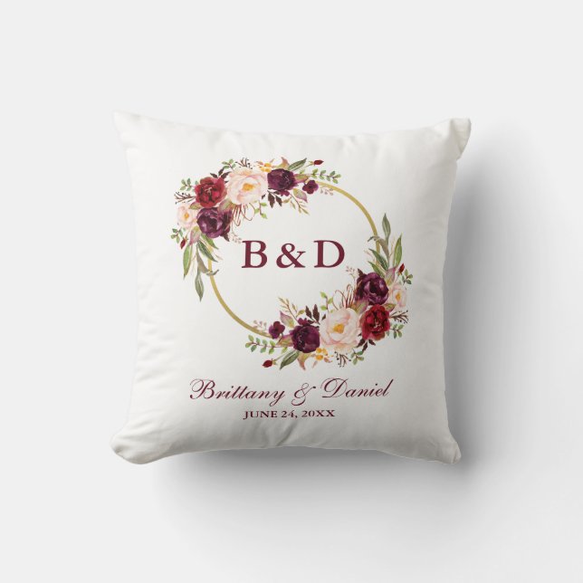 Monogramm-BurgunderblumenKranz-Hochzeit Kissen (Vorderseite)
