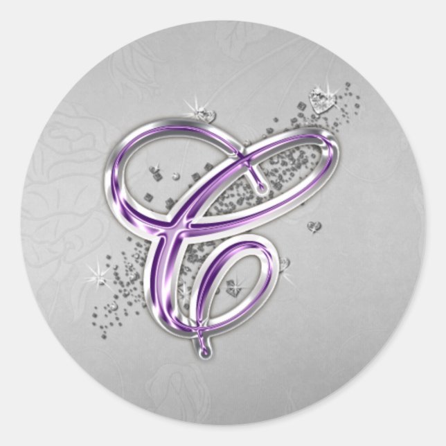 Monogramm-C-Aufkleber für lila und Silber-Glitzer Runder Aufkleber (Vorderseite)