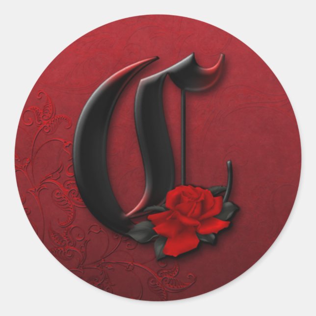 Monogramm-C-Aufkleber für Schwarz und Rote Rose Runder Aufkleber (Vorderseite)