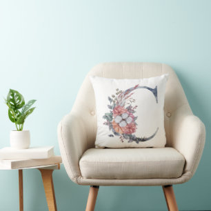 Monogramm C Floral Wasserfarbe Blau Pfirsich Rosa Kissen