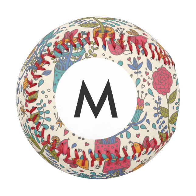 Monogramm Cartoon Blumenmuster bei Vögeln 2 Baseball (Vorderseite Links)