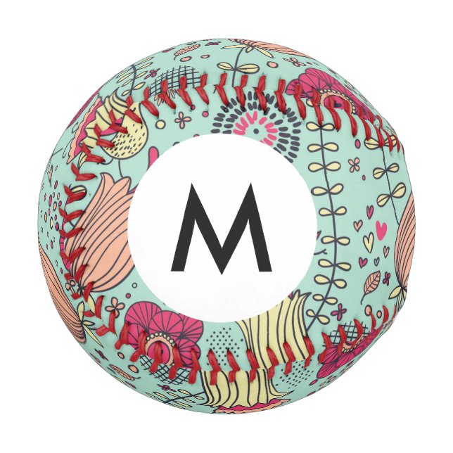 Monogramm Cartoon Blumenmuster von Vögeln Baseball (Vorderseite Links)