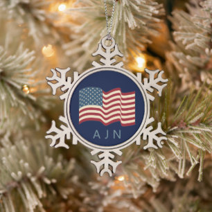 Monogramm-Christbaumkugel mit amerikanischer Flagg Schneeflocken Zinn-Ornament