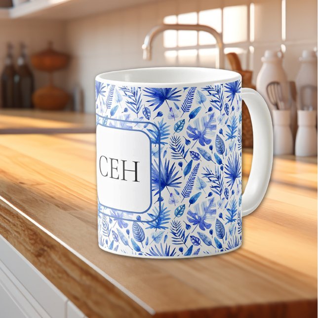 Monogramm, Cobalt Blue Tropical Blätter Muster 11o Kaffeetasse (Von Creator hochgeladen)