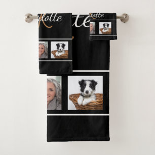 Monogramm-Collage-Skript für Schwarzes Foto Badhandtuch Set