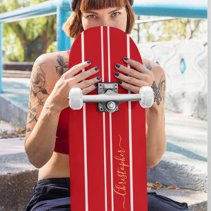 Monogramm Coole rote und weiße Streifen Skateboard