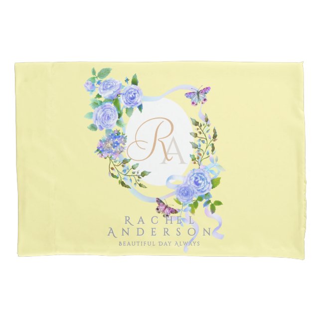 Monogramm-Creme der blauen Rose Kissenbezug (Vorderseite)