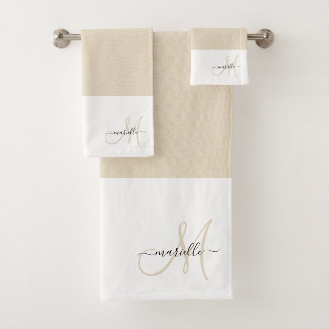 Monogramm Creme White Two Tone Badhandtuch Set (Insitu)