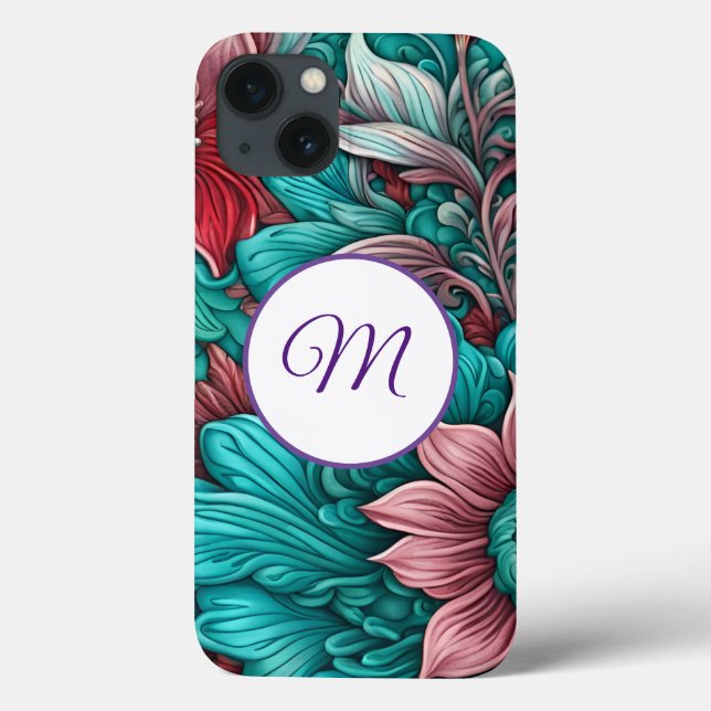 Monogramm, Cyan Blue, Red, whimsistische Blume Case-Mate iPhone Hülle (Rückseite)