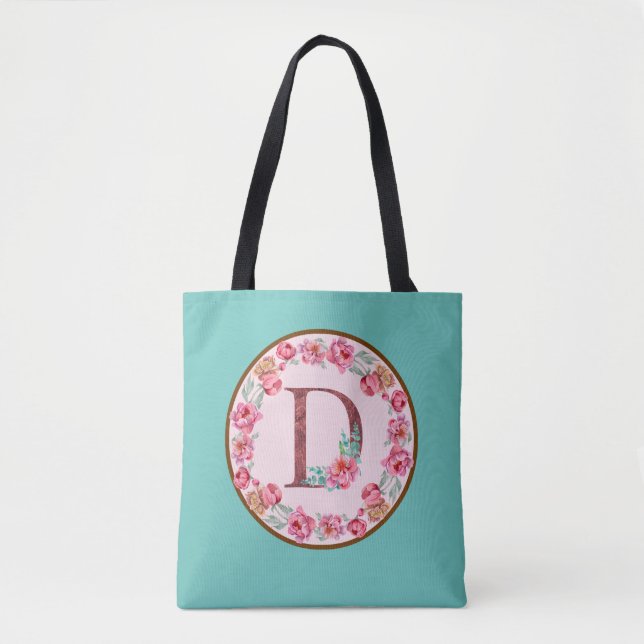 Monogramm-D-Letter mit Peony-Blume-Totbeutel Tasche (Vorderseite)