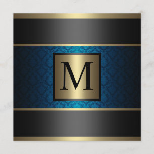 Monogramm-Damast-Königsblau, Schwarzes und Gold Einladung