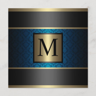 Monogramm-Damast-Königsblau, Schwarzes und Gold Einladung