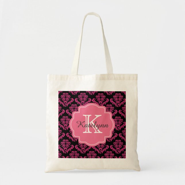 Monogramm-Damast-Muster mit rosa Tragetasche (Vorne)