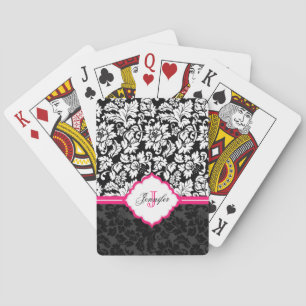 Monogramm Damast Schwarz-Weiß mit Rosa Streifen Spielkarten