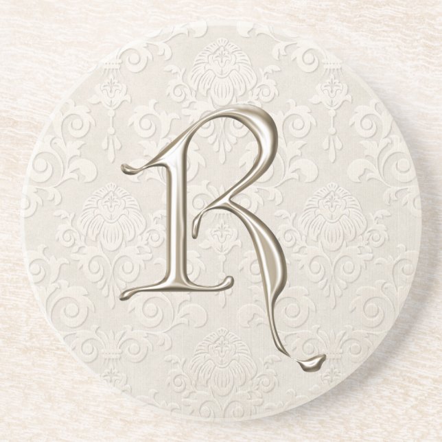 Monogramm-Damast-Untersetzer - Buchstabe R Sandstein Untersetzer (Vorne)
