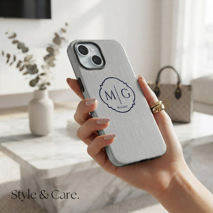 Monogramm-Datum Premium Silber-Metall-Textur iPhone 15 Hülle