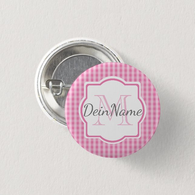 Monogramm Dein Name rosa kariert Button (Vorne & Hinten)