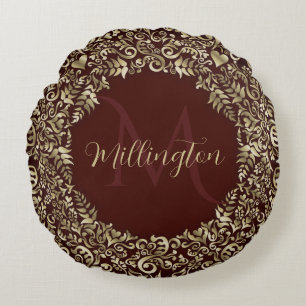 Monogramm-Dekorativ für Red and Gold Damask Rundes Kissen
