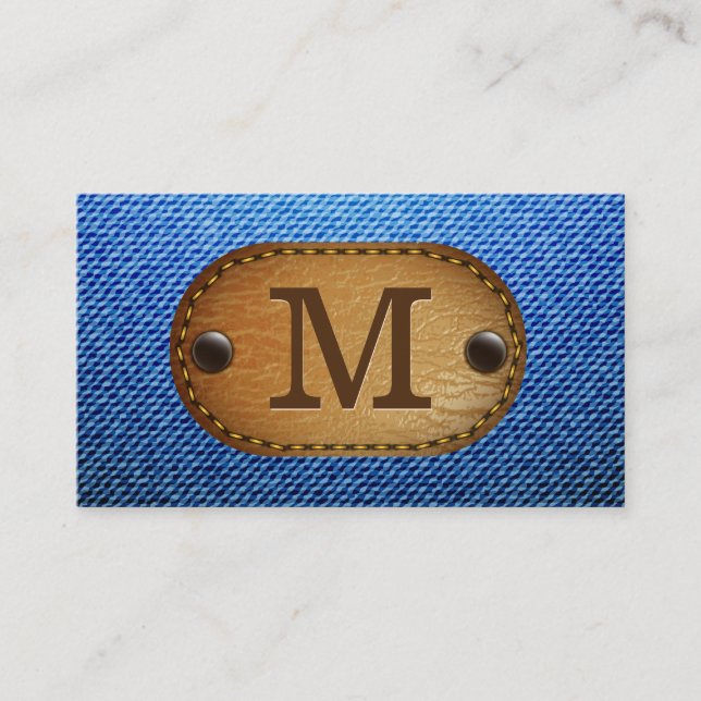 Monogramm | Denim Brown Leather Stitched Patch Visitenkarte (Vorderseite)